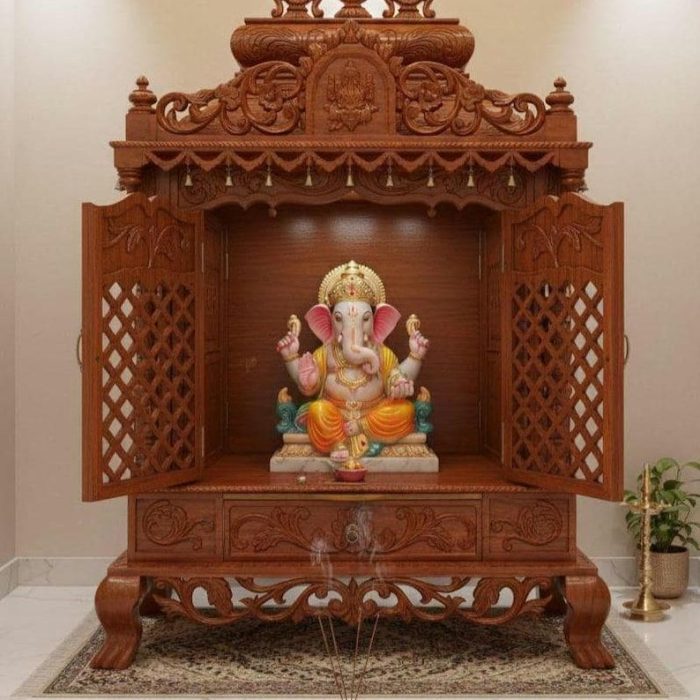 Premium Hand Carved Wooden Home Temple with Jaali Doors