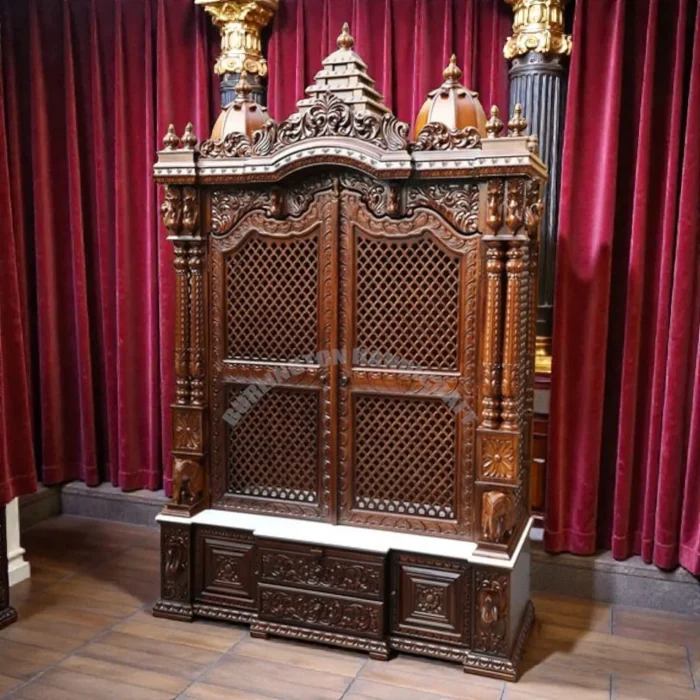 Grand Maharaja Style Wooden Temple for Home | Hand-Carved Solid Wood Mandir with Jaali Doors & Storage