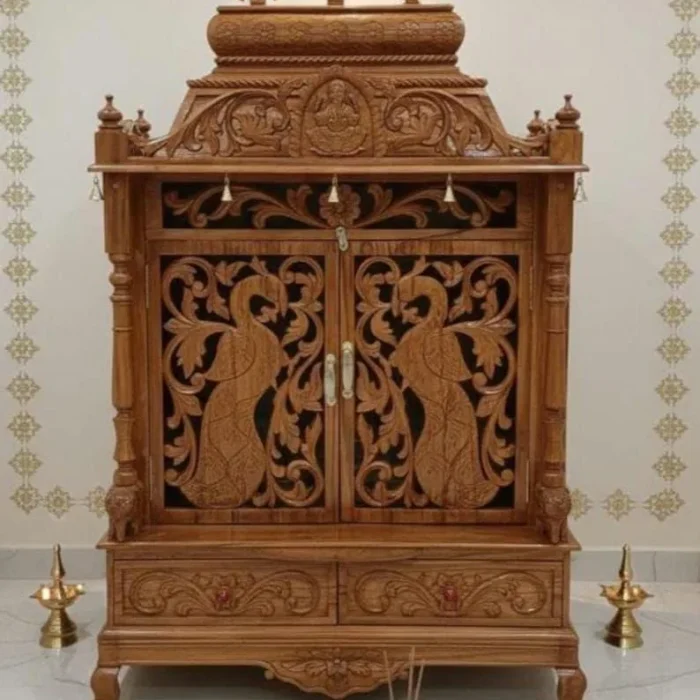 Royal Hand Carved Wooden Home Temple with Peacock Design
