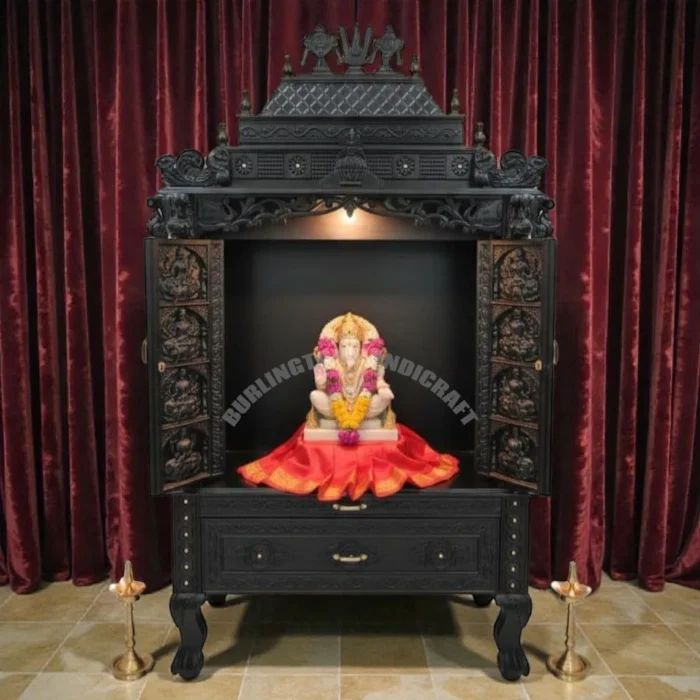 Premium Black Hand-Carved Wooden Temple for Home | Solid Wood Pooja Mandir with Doors & Drawer