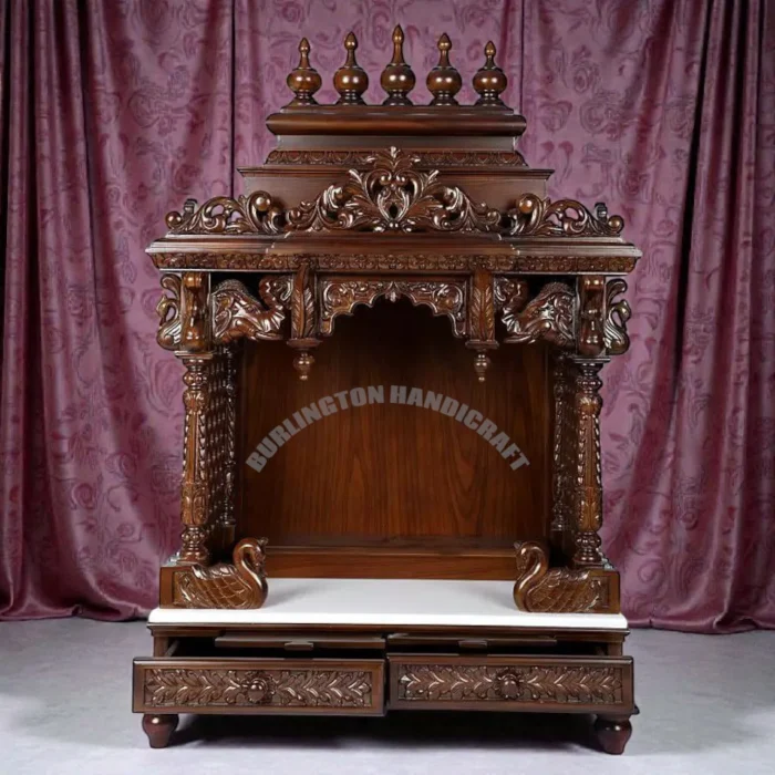 Hand-Carved Solid Wood Temple for Home | Traditional Wooden Mandir with Drawer | Dark Walnut Finish