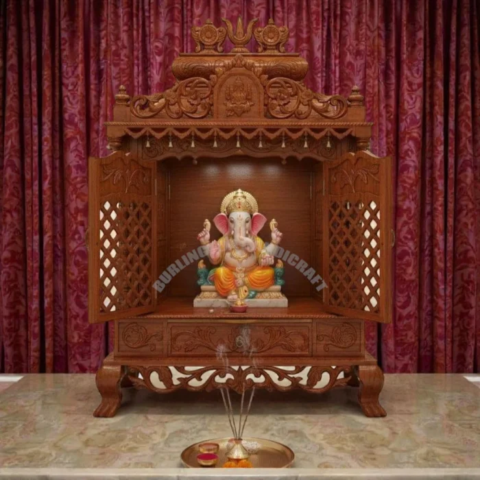 Traditional Solid Wood Temple for Home | Hand-Carved Wooden Mandir with Jaali Doors & Drawer