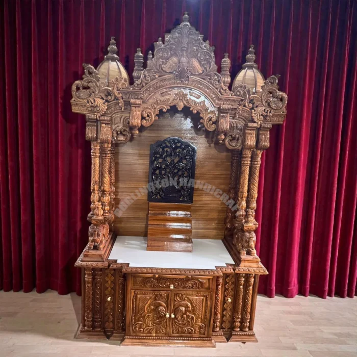 Royal Heritage Solid Wood Temple for Home | Hand-Carved Maharaja Style Mandir with Storage Cabinet