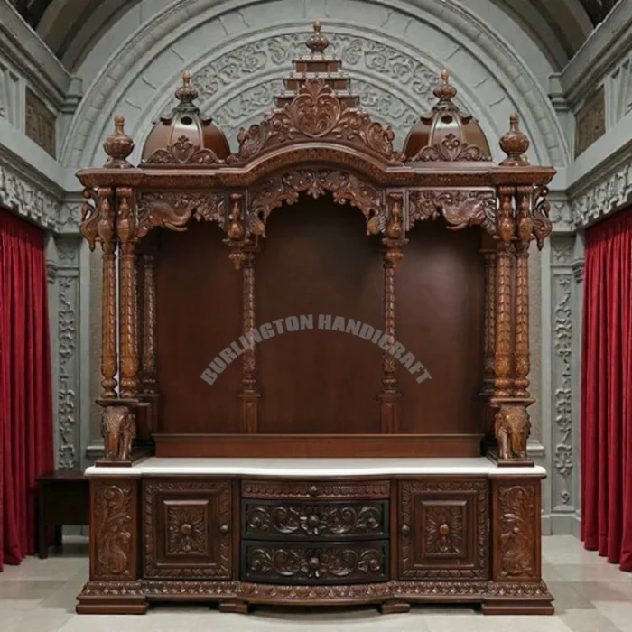 Grand Palace Style Solid Wood Temple for Home | Royal Hand-Carved Maharaja Mandir with Cabinet Storage