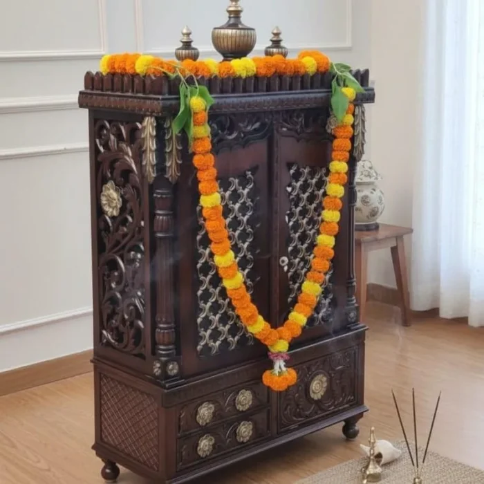 Handmade Floral Gold Finish Design Home Temple with Doors, Traditional Wood Hindu Pooja Mandir