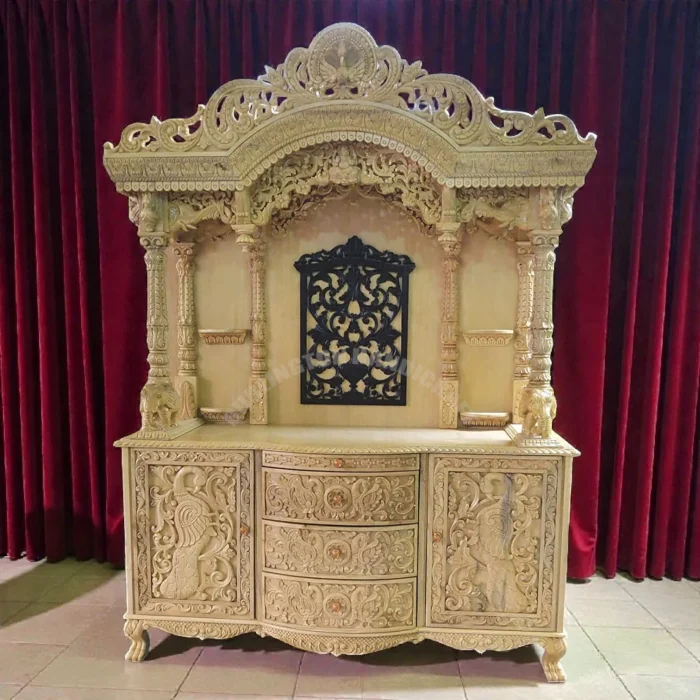 Luxury Hand-Carved Wooden Temple for Home | Royal Maharaja Style Solid Wood Mandir with Storage